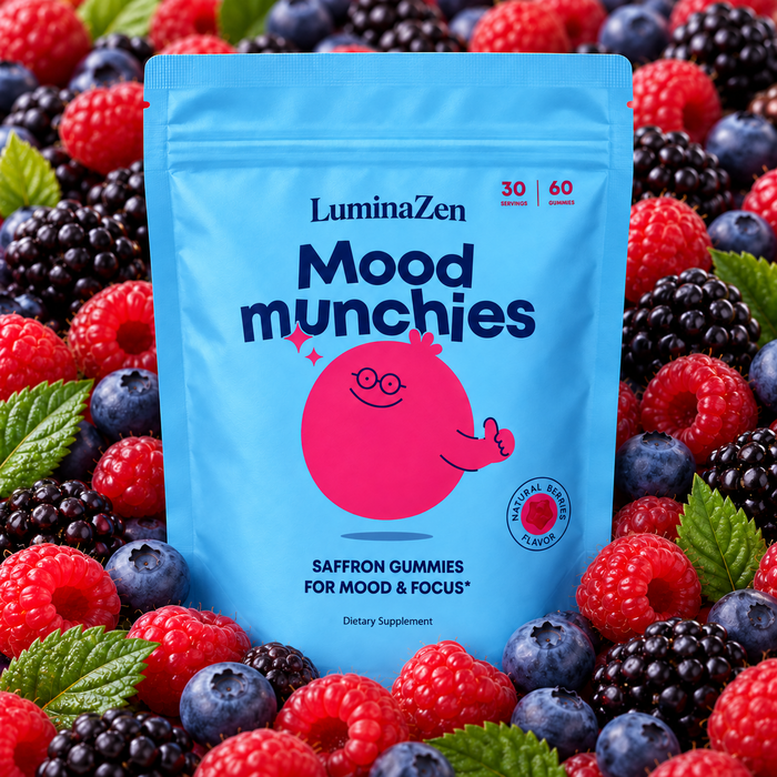 One current blue Mood Munchies pouch surrounded by raspberries, blueberries and blackberries