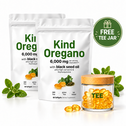 Two bags of Kind Oregano and bamboo glass jar